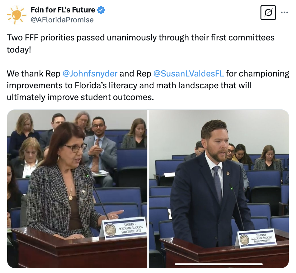 screen shot of FFF X post featuring images of testimony on two FFF priority bills that were heard in committee this week. link to tweet: https://x.com/AFloridaPromise/status/1902096834463428855